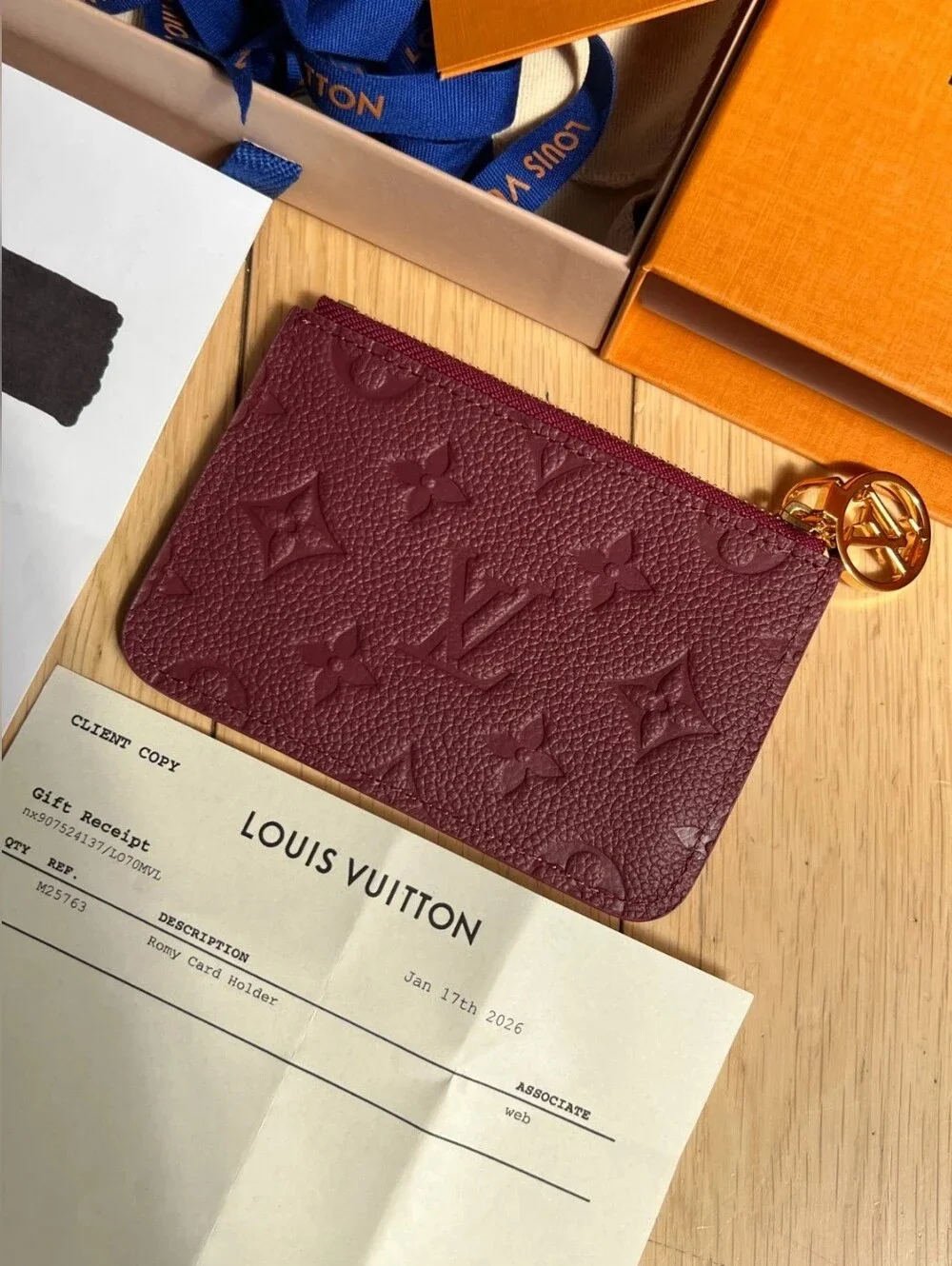 Louis Vuitton Burgundy Embossed Monogram Card Pouch with Gold Charm